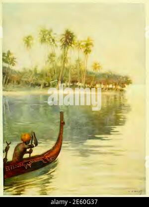 Norman Hardy peinture du début des années 1900 intitulée tôt le matin, Gavatu, îles Soloman. Les îles indigènes paddle canoë le long de la côte. Banque D'Images