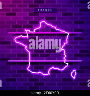 France carte lampe au néon luminescent. Illustration vectorielle réaliste. Plaque d'identification du pays. Mur de briques violettes, lueur violette, supports en métal. Illustration de Vecteur