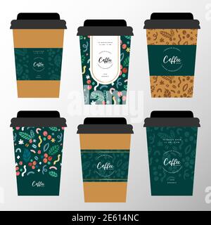 Tasse à café en papier de marque, tasses en carton illustrées par un logo. Retirez la tasse en carton avec la manche décorée de logotype lettrage et Illustration de Vecteur