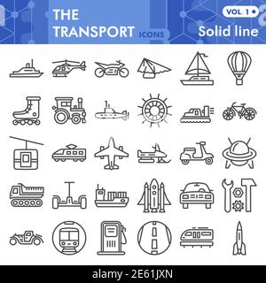Jeu d'icônes de ligne de transport, collection de jeux de symboles de véhicule ou esquisses vectorielles. Jeu de panneaux de transport pour le web d'ordinateur, le style de pictogramme linéaire Illustration de Vecteur