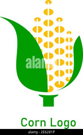 Logo Cornrab. Graine de maïs jaune et feuille verte isolées sur fond blanc. Illustration de grain organique vectoriel Illustration de Vecteur