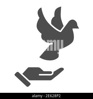 Dove on Hand Solid Icon, concept de la Journée mondiale de la paix, pigeon volant et palmier humain signe sur fond blanc, la main de personne et le symbole d'oiseau style glyphe pour Illustration de Vecteur