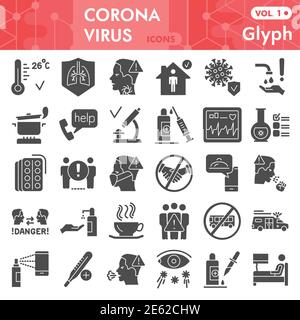 Ensemble d'icônes pleines de coronavirus, collection de jeux de symboles de virus 2019-ncov ou croquis vectoriels. Ensemble de panneaux Covid-19 pour ordinateur web, le style de pictogramme de glyphe Illustration de Vecteur