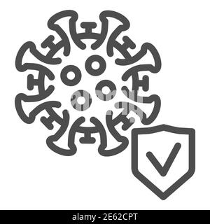 Cellule virale avec icône de ligne de coche, concept Covid-19, bouclier de protection approuvé et signe microbe sur fond blanc, icône de micro-organisme viral dans Illustration de Vecteur