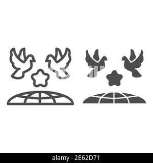 Colombes et planète Terre ligne et icône solide, Journée internationale de la paix concept, oiseaux volants sous le globe signe sur fond blanc, deux pigeons Illustration de Vecteur