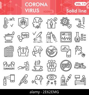Jeu d'icônes de ligne de coronavirus, collection de jeux de symboles de virus 2019-ncov ou croquis vectoriels. Covid-19 ensemble de panneaux pour le web d'ordinateur, le style de pictogramme linéaire Illustration de Vecteur