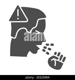 L'homme tousse avec le poing et le signe d'avertissement icône pleine, le concept de propagation Covid-19, les symptômes de pandémie de coronavirus signe sur fond blanc, soyez prudent et Illustration de Vecteur