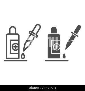 Gamme de pipettes et de flacons médicaux et icône solide, concept de soins de santé, flacon de médecine et affiche compte-gouttes sur fond blanc, pipette avec icône de goutte de liquide Illustration de Vecteur