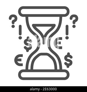 HourGlass avec l'icône de la ligne de signes d'argent, le concept de stratégie d'investissement, le verre de sable avec les questions et les devises signe sur fond blanc, l'épargne et Illustration de Vecteur