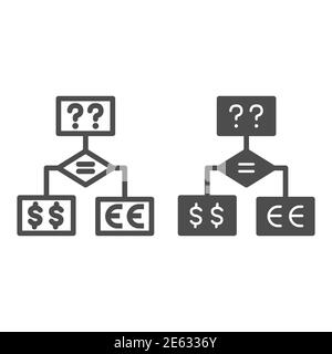 Ligne d'organigramme commercial et icône solide, concept de stratégie d'entreprise, graphique de décision de prise de décision d'investissement sur fond blanc, schéma fonctionnel avec Illustration de Vecteur