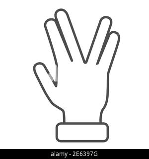 Icône de ligne mince de geste à quatre doigts, concept de gestes, signe de main de salut Vulcan sur fond blanc, icône de main avec quatre doigts vers le haut en style de contour Illustration de Vecteur