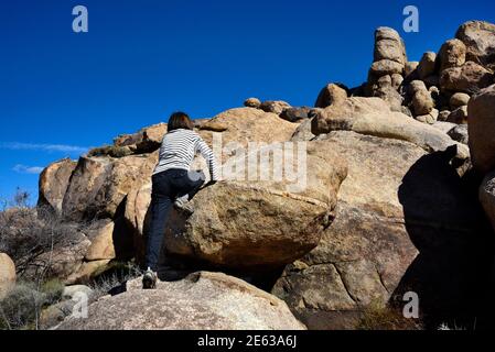 Une femme visitant le parc national de Joshua Tree en Californie explore un énorme affleurement en granit dans le parc. Banque D'Images