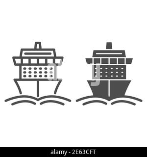 Ligne de bateau de croisière et icône solide, concept de voyage d'été, panneau bateau avec vagues sur fond blanc, icône bateau de voyage de croisière dans le style de contour pour mobile Illustration de Vecteur