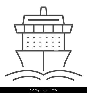 Icône de bateau de croisière en ligne fine, concept de voyage d'été, panneau bateau avec vagues sur fond blanc, icône de bateau de croisière en forme de contour pour mobile Illustration de Vecteur