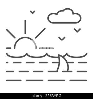 Vagues de l'océan avec icône de ligne mince de requin, concept nautique, paysage océanique avec soleil, nuages et mouettes signe sur fond blanc, ailerons de requin en vagues Illustration de Vecteur