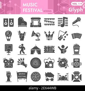 Jeu d'icônes plein festival de musique, collection de symboles instruments de musique ou croquis. Panneaux style glyphe de fête pour le Web et l'application. Graphiques vectoriels isolés Illustration de Vecteur