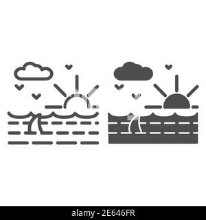 Vagues de l'océan avec ligne de requin et icône solide, concept nautique, paysage océanique avec soleil, nuages et mouettes signe sur fond blanc, ailerons de requin dedans Illustration de Vecteur