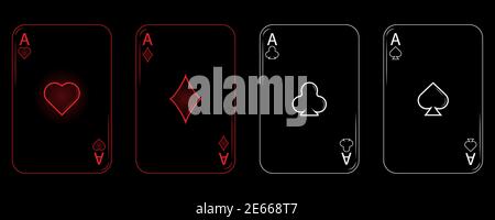 set of four play cards in black design. aces of clubs, diamonds, spades and hearts. Vector illustration in low key Illustration de Vecteur