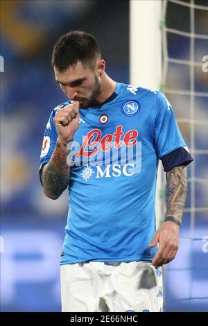 L'attaquant italien Matteo Politano de la SSC Napoli célèbre un but lors du match de football de la coupe italienne SSC Napoli Spezia. Naples a gagné 4-2. Banque D'Images
