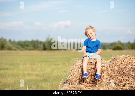 Enfant garçon assis sur haystack dans le champ. Banque D'Images