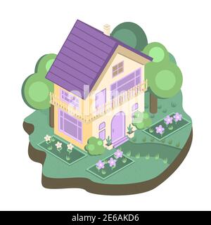 Une maison dans le jardin. Illustration vectorielle isométrique sur un arrière-plan blanc isolé Illustration de Vecteur