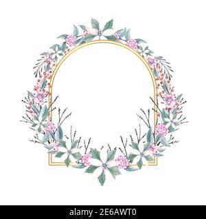 Aquarelle d'hiver dans un cadre polygonal doré avec des branches de baies de neige et des fleurs de poinsettia. Illustration dessinée à la main. Pour les invitations, le message d'accueil Banque D'Images