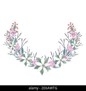 Couronne d'hiver avec fleurs de puasentia, baies rouges et brindilles décoratives. Illustration aquarelle Banque D'Images