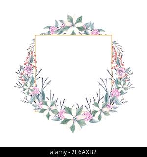 Aquarelle d'hiver dans un cadre polygonal doré avec des branches de baies de neige et des fleurs de poinsettia. Illustration dessinée à la main. Pour les invitations, le message d'accueil Banque D'Images