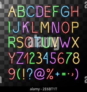 Ensemble d'alphabet au néon avec lettres, chiffres et symboles sur transparent illustration vectorielle isolée en arrière-plan Illustration de Vecteur