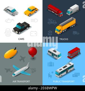 Ensemble de conception de transport avec voitures camions air et public transport icônes isométriques illustration vectorielle isolée Illustration de Vecteur