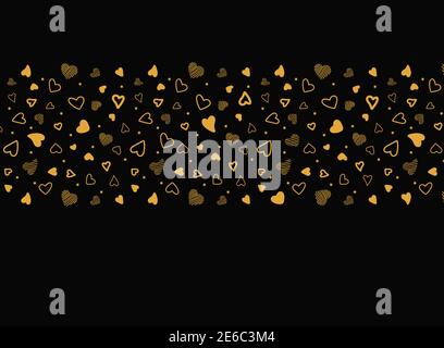 Coeurs dorés à motif vectoriel sans couture sur fond noir. Motif doré avec coeurs. Cœurs de motif chaotique. Style Doodle. Toile de fond pour la Saint Valentin o Illustration de Vecteur