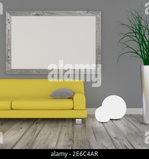 Cette chambre moderne aux couleurs de l'année 2021 est dotée d''un canapé jaune et d''un mur gris Banque D'Images