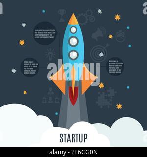 Projet de démarrage d'entreprise lancement conception d'affiche avec symbole de fusée rétro et des cercles de texte informatifs illustrent le vecteur abstrait Illustration de Vecteur