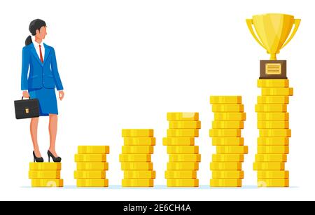 Femme d'affaires avec mallette va à l'objectif de trophée d'or. Business womann regarde vers la cible sur l'échelle de tableau de pièces. Succès, réalisation, vision d'entreprise objectif de carrière. Illustration vectorielle plate Illustration de Vecteur