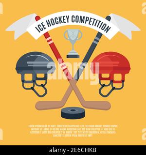 Annonce du prix de la compétition de hockey sur glace de la saison des sports d'hiver bannière plate illustration vectorielle abstraite avec palets et bâtons Illustration de Vecteur