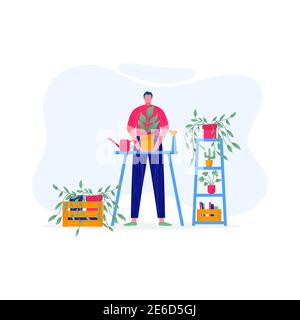 Concept de jardin à la maison. Jeune homme tenant la plante avec des feuilles, prend soin de la fleur, l'arrosage, la plantation, la culture. Illustration de fleurs, plantes en pots W Illustration de Vecteur