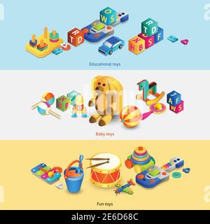 Ensemble de bannières horizontales de jouets avec jouets éducatifs ludiques isométriques pour bébés illustration vectorielle isolée Illustration de Vecteur