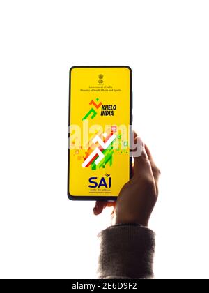 Assam, inde - 31 janvier 2021 : logo de l'application Khelo India sur l'écran du téléphone. Banque D'Images