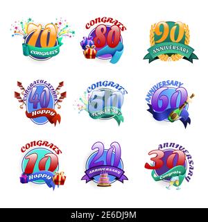 Ensemble d'emblèmes d'anniversaire avec badges de célébration d'anniversaire illustration vectorielle isolée Illustration de Vecteur