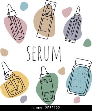 Jeu d'illustrations de la bouteille de sérum. Produit de soin quotidien de la peau. Sérum de traitement prélevé à la main. Illustration de Vecteur