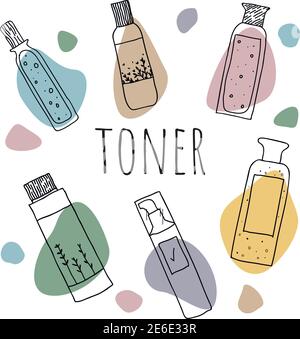 Jeu de toner dessiné à la main. Kit vectoriel de tonique hydratant. Illustration produit quotidien de soin de la peau. Illustration de Vecteur