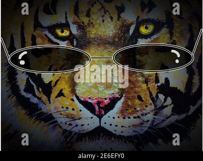 Art, peinture, huile couleur, sourire mignon panthera tigris, tigre du Bengale Banque D'Images