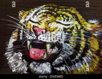 Art, peinture, huile couleur, sourire mignon panthera tigris, tigre du Bengale Banque D'Images