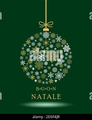 Buon natale Noël boule vecteur avec flocons de neige et italien voeux de noël sur fond vert.Buon natale est Joyeux Noël. Illustration de Vecteur