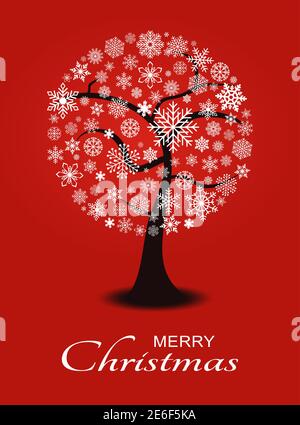 Joyeux Noël arbre vectoriel abstrait avec flocons de neige sur fond rouge. Illustration de Vecteur