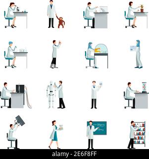 Scientifiques décoratifs plat icônes de couleur ensemble avec des hommes et des femmes faire des recherches en laboratoire sur l'illustration vectorielle isolée à fond blanc Illustration de Vecteur