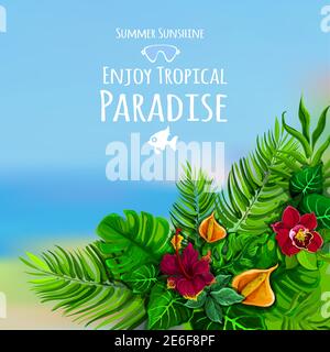 Affiche tropicale avec fleur de monstère et mer sur fond vecteur illustration Illustration de Vecteur