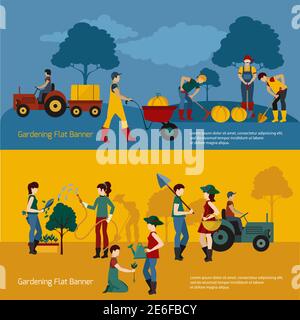 Jardinage personnes avec outils de travail bandeau horizontal ensemble vecteur isolé illustration Illustration de Vecteur