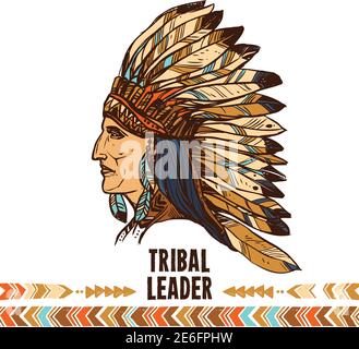 Amérindien apache profil indien en costume tribal croquis portrait illustration vectorielle Illustration de Vecteur