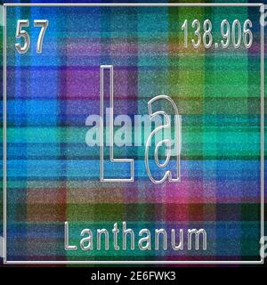 Élément chimique de lanthane, signe avec numéro atomique et poids atomique, élément du tableau périodique Banque D'Images